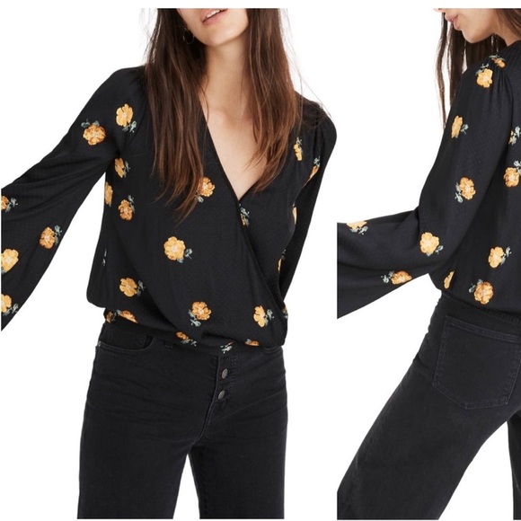 Madewell Tops - Madewell Top Small Bubble-Sleeve Wrap Top Black Floating Florets Yellow Floral